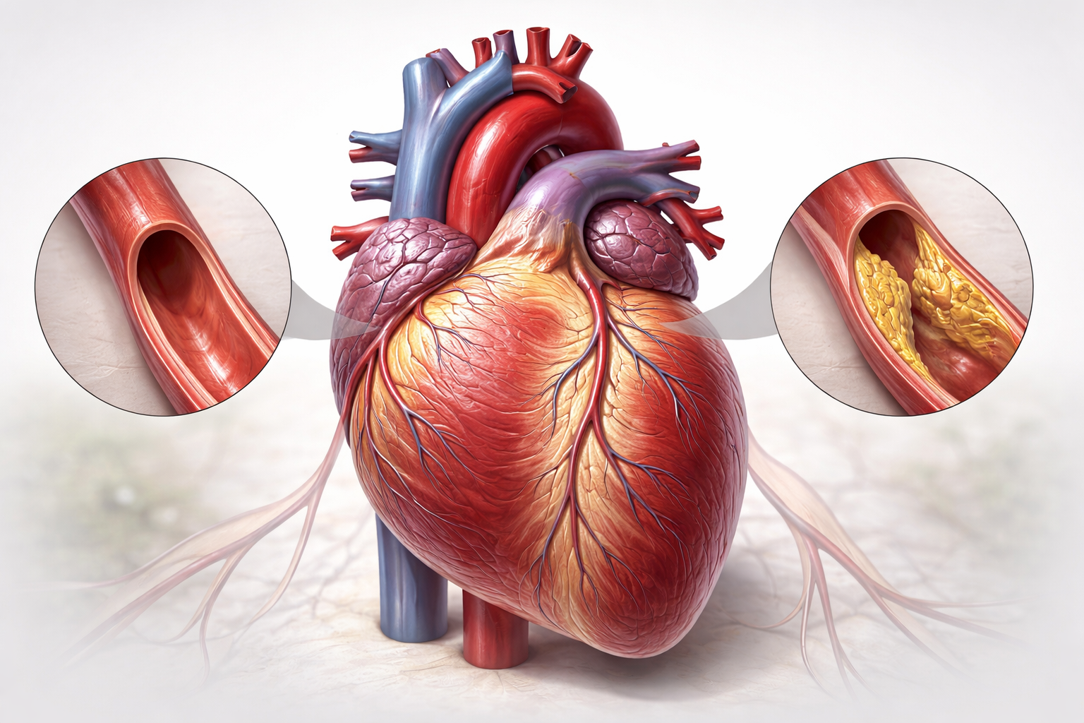 Ultra-realistic medical illustration of cardiovascular disease a detailed, professional cross-section of a human heart with coronary arteries, showing a comparison between healthy and diseased arteries with plaque buildup. Use clean clinical lighting, subtle gradients, and anatomically accurate textures to convey the seriousness of the condition without text or labels. The heart should be central, with arteries visibly narrowed by plaque to illustrate the pathology of cardiovascular disease. Neutral background, high-detail medical imagery suitable for an editorial health article.